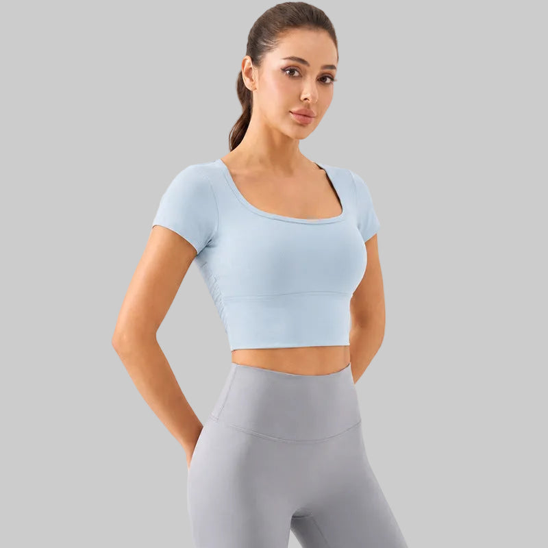 Women’s Summer Lightweight Yoga Top, Short Sleeve Mesh With Fixed Cups - DXD-5096 Mist Blue