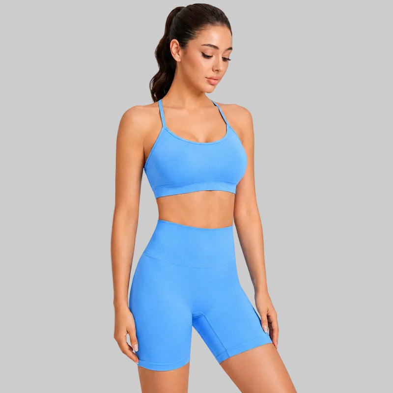 Women’s Crisscross Back Yoga Sports Bra Set — Padded, High-Waist Shorts - Sky Blue